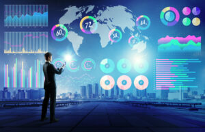 businessman holding a smart phone and various business information.